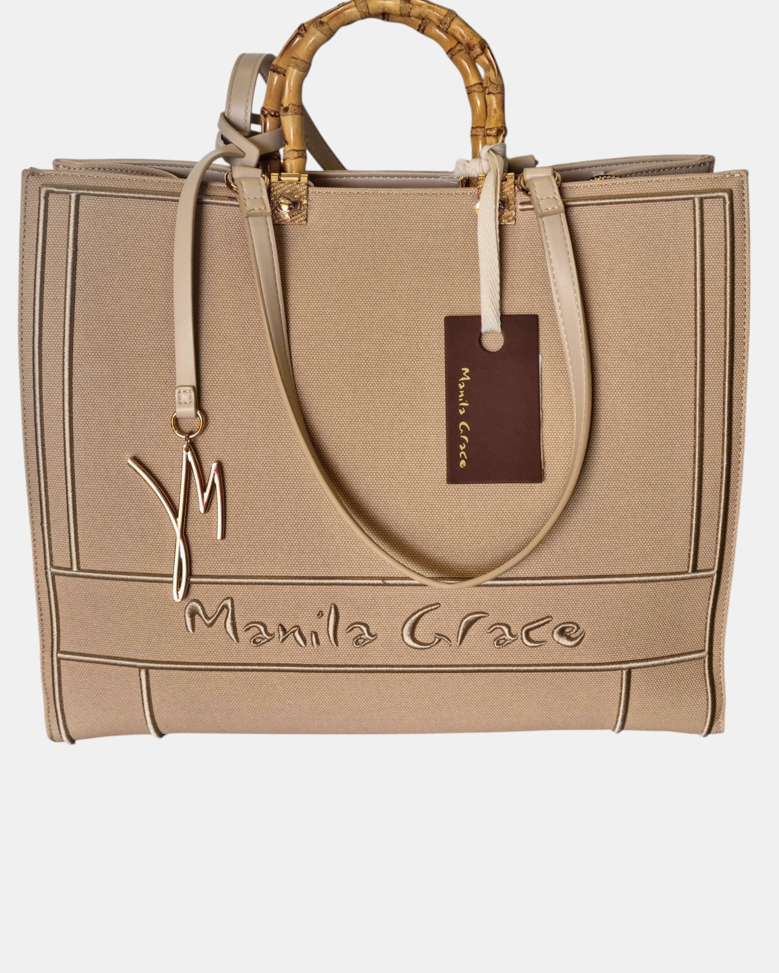 Manila Grace borsa Tote art. B 212  manici in vero bambù, col. Beige