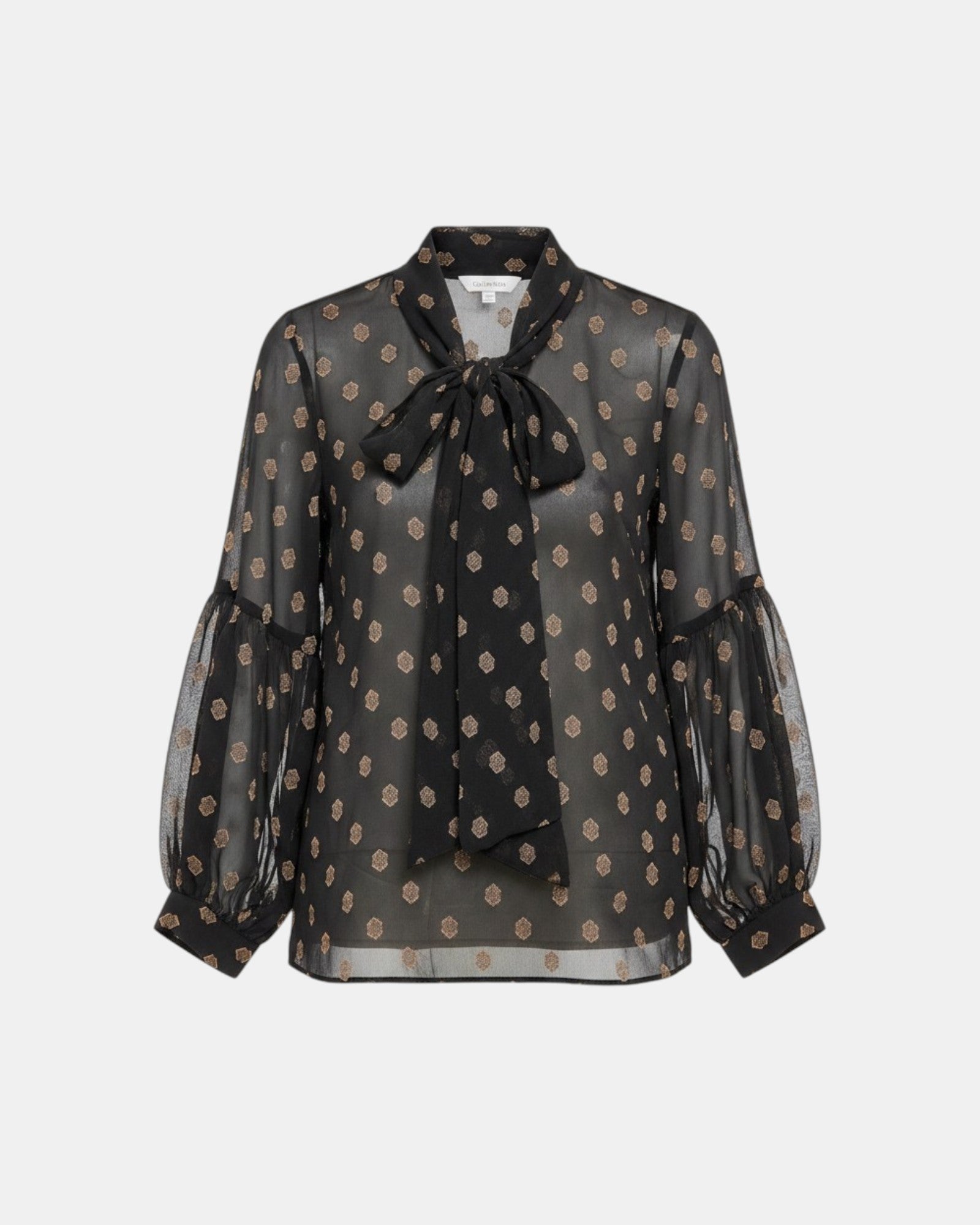 Calvin Klein blusa donna nera semitrasparente con fantasia Oro Tie-Neck