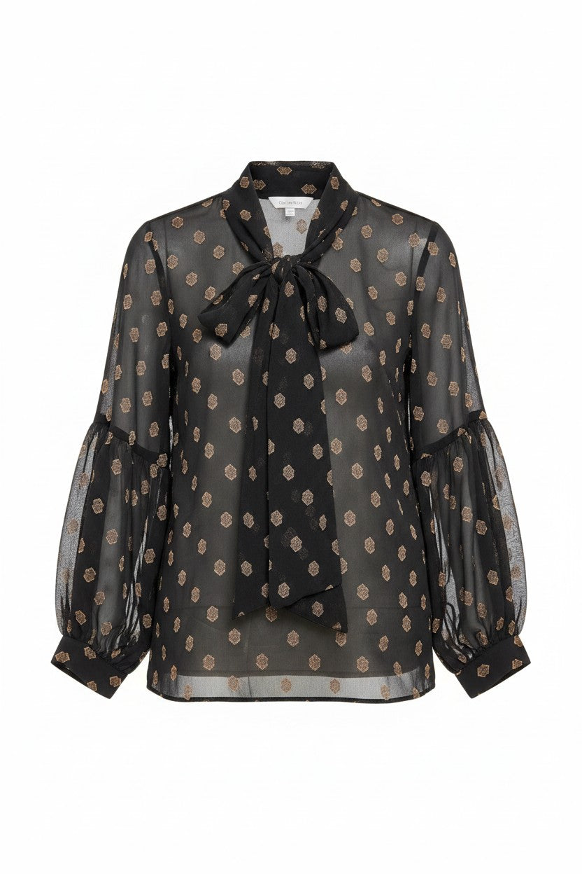 Calvin Klein blusa donna nera semitrasparente con fantasia Oro Tie-Neck