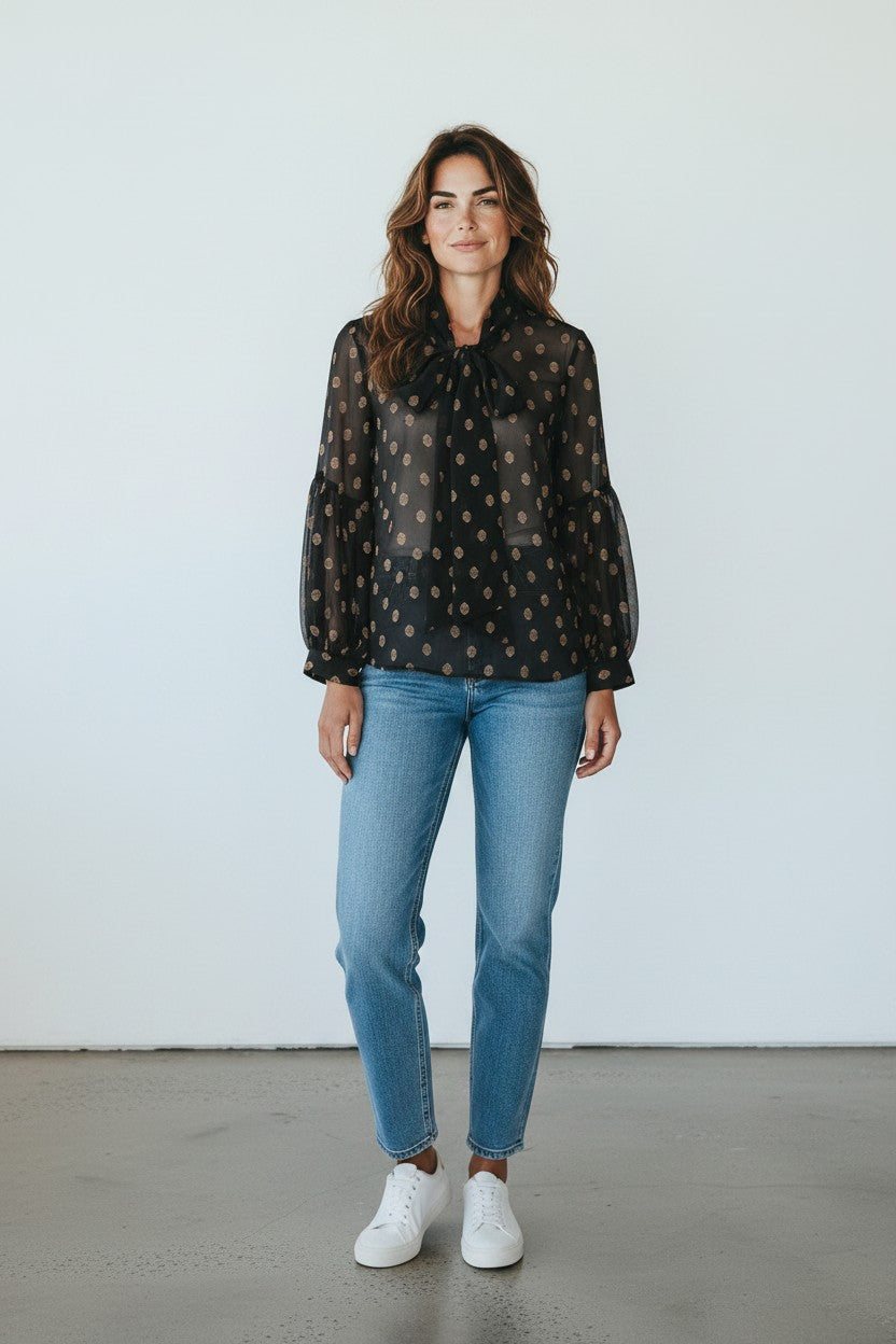 Calvin Klein blusa donna nera semitrasparente con fantasia Oro Tie-Neck