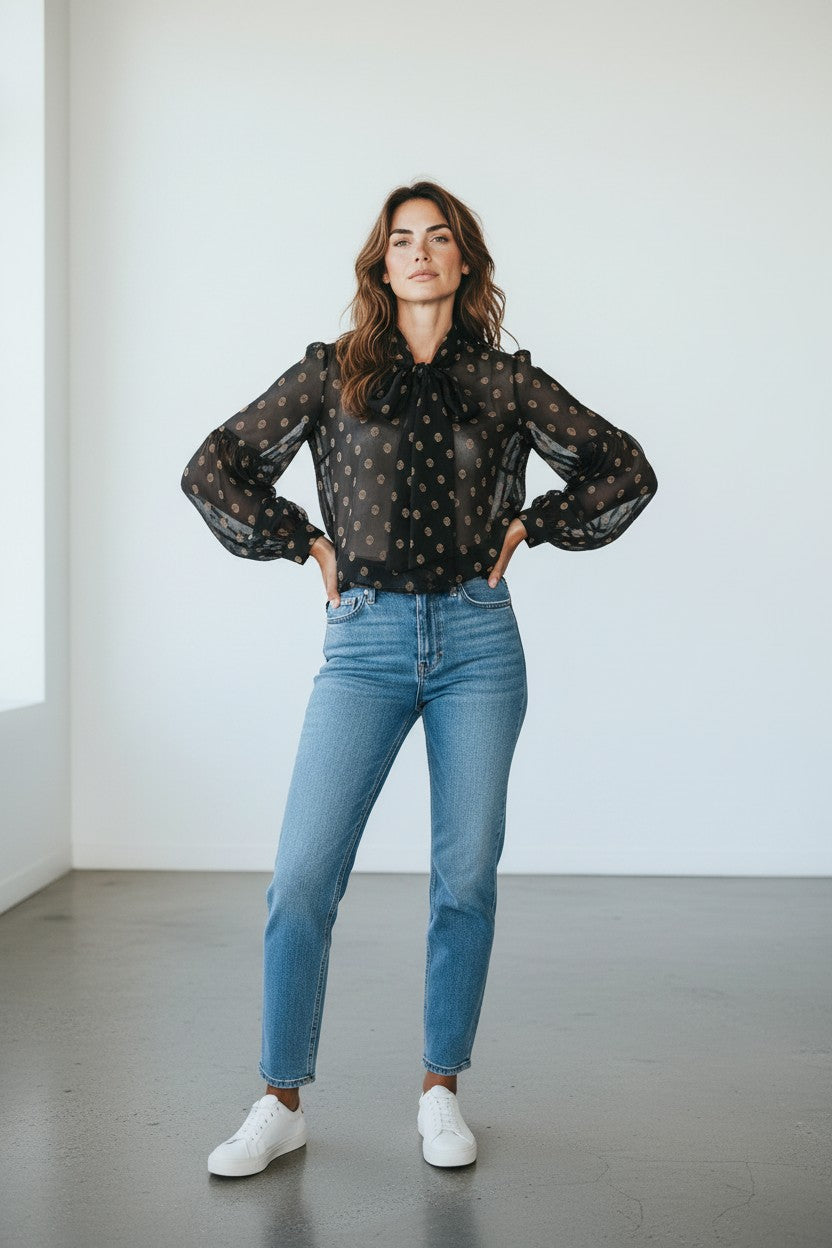 Calvin Klein blusa donna nera semitrasparente con fantasia Oro Tie-Neck