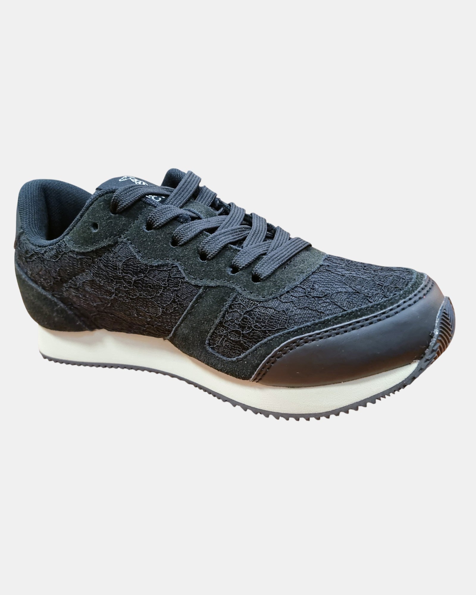 Trussardi, sneakers donna in pelle scamosciata e pizzo floreale