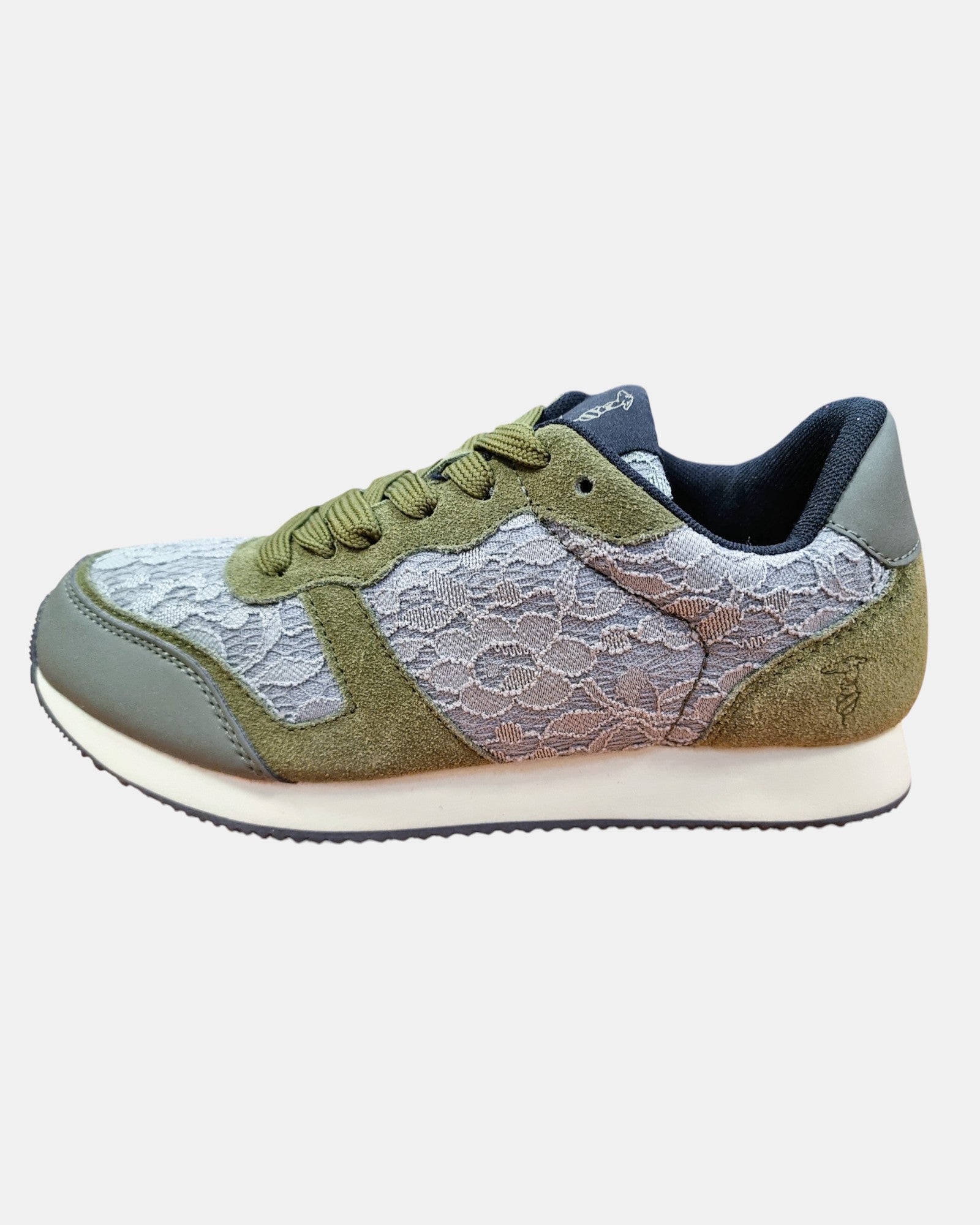 Trussardi, sneakers donna in pelle scamosciata e pizzo floreale