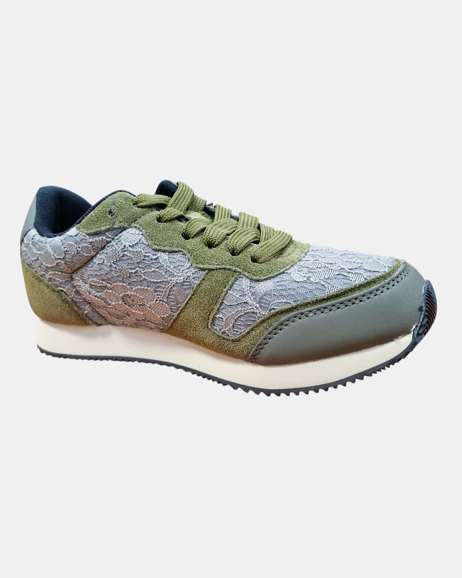 Trussardi, sneakers donna in pelle scamosciata e pizzo floreale