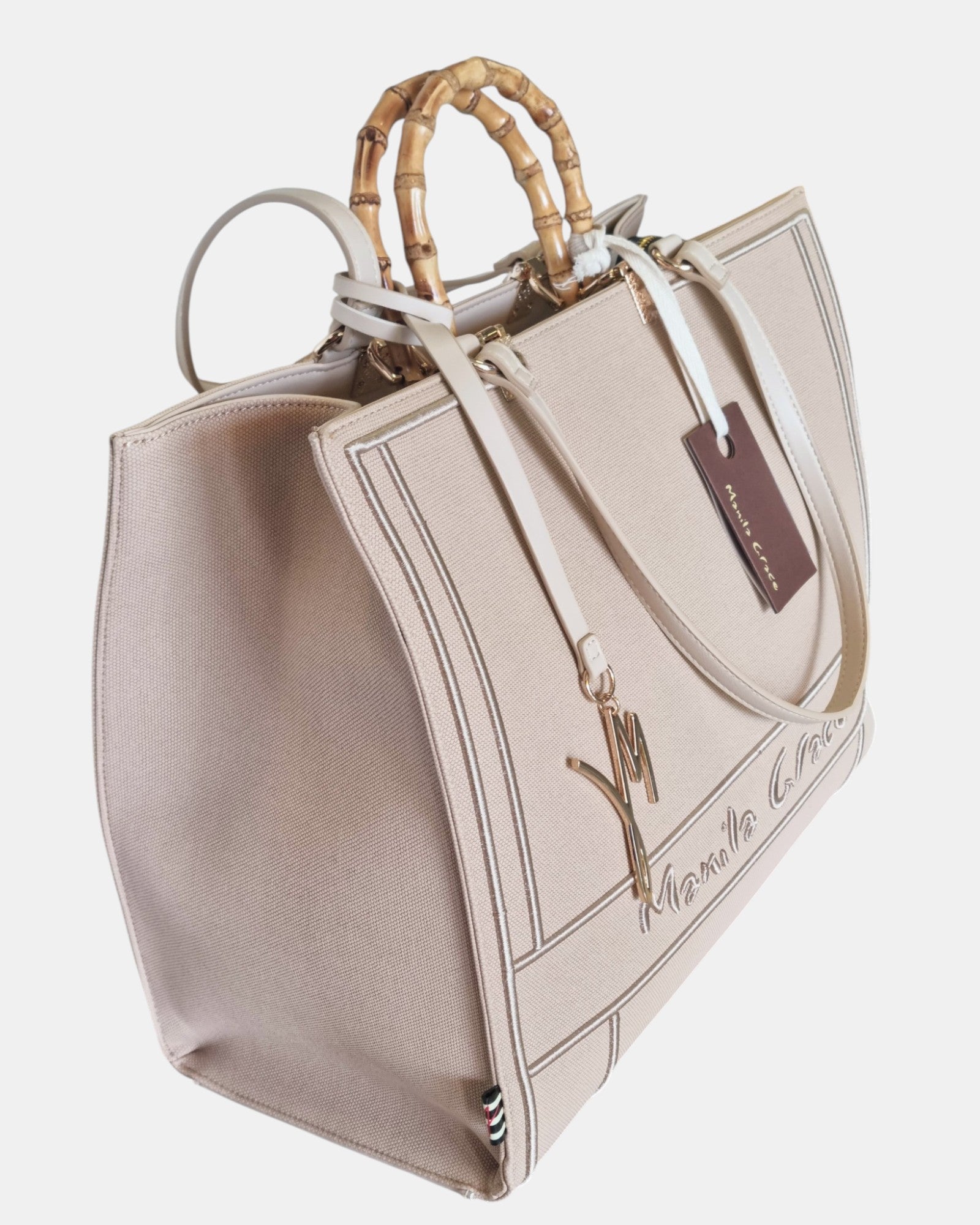 Manila Grace borsa Tote art. B 212  manici in vero bambù, col. Beige