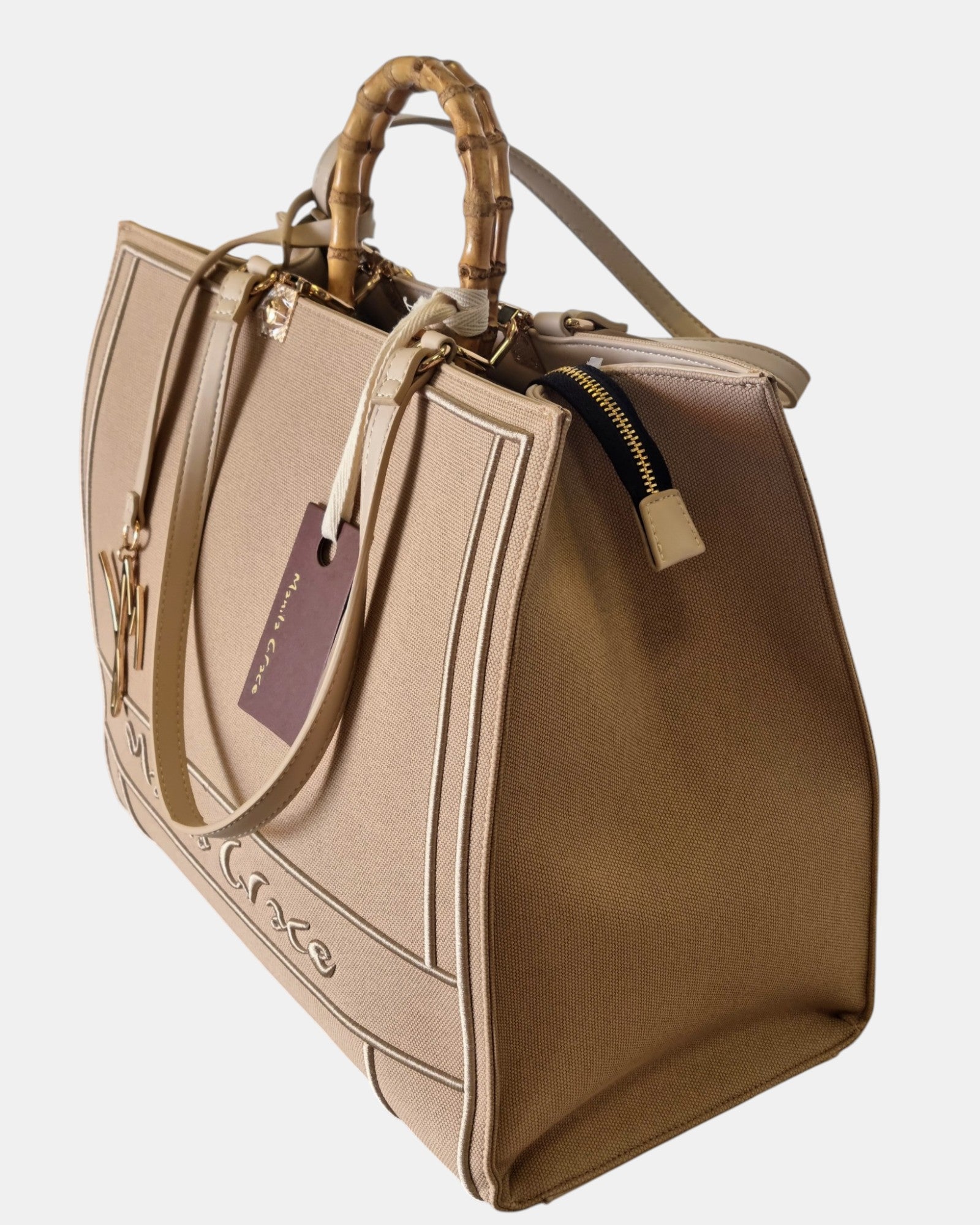 Manila Grace borsa Tote art. B 212  manici in vero bambù, col. Beige