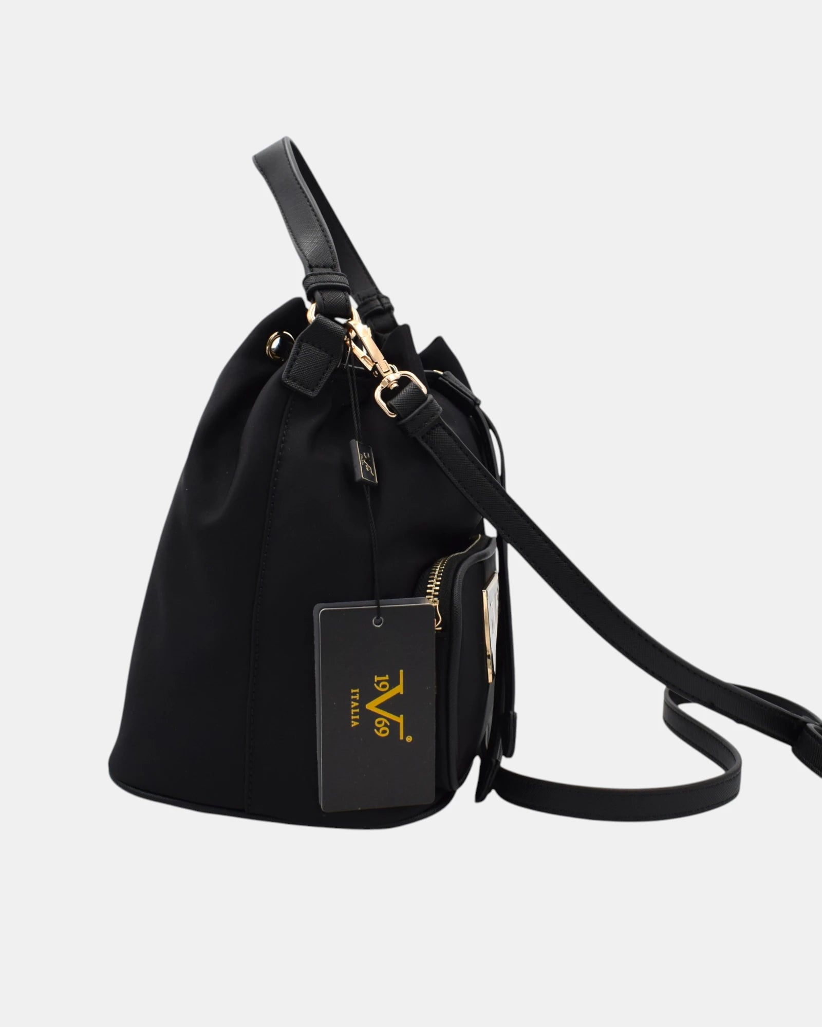 19V69 Italia by Versace Borsa Secchiello Donna Nera in Nylon Idrorepellente con Tracolla Removibile