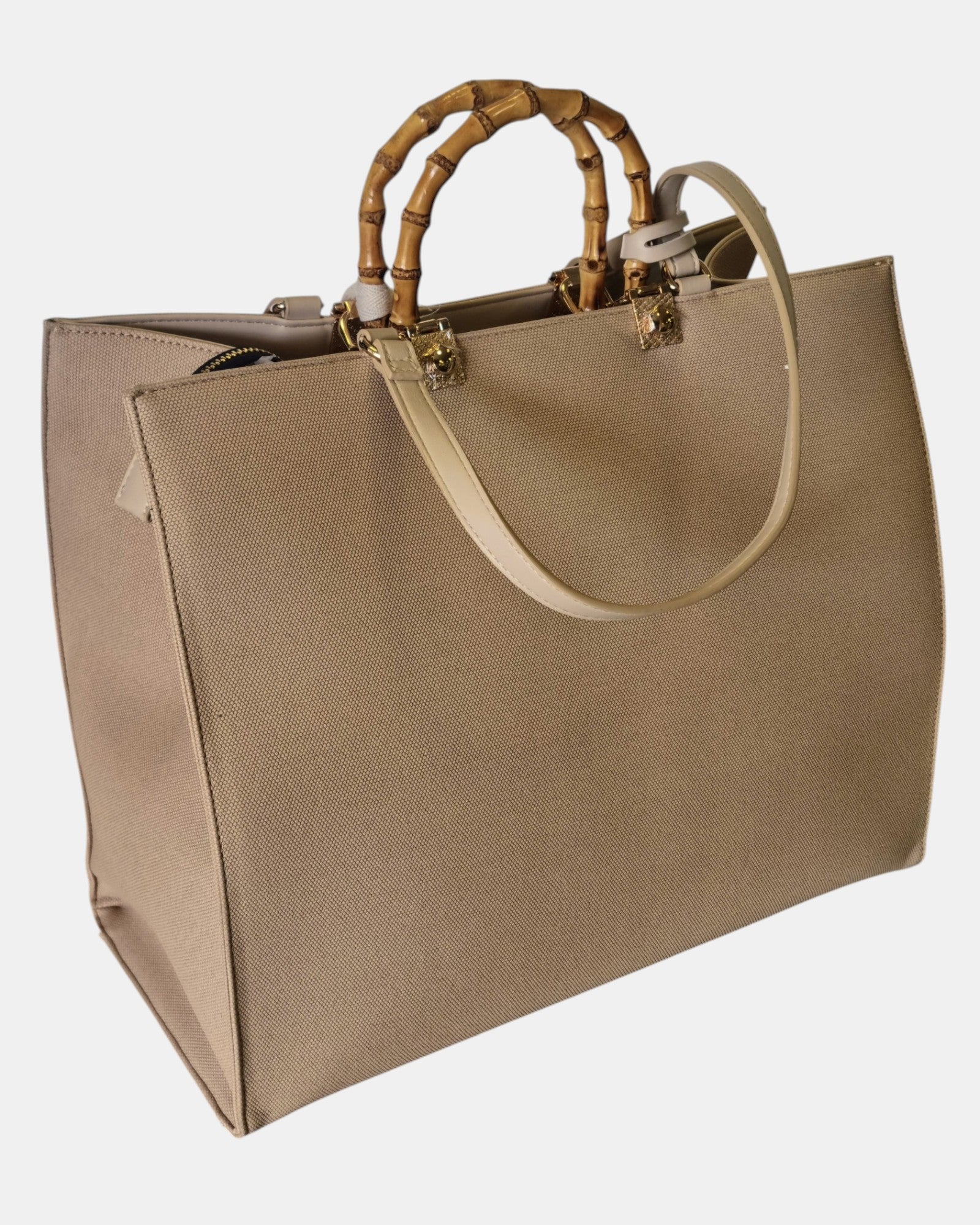 Manila Grace borsa Tote art. B 212  manici in vero bambù, col. Beige