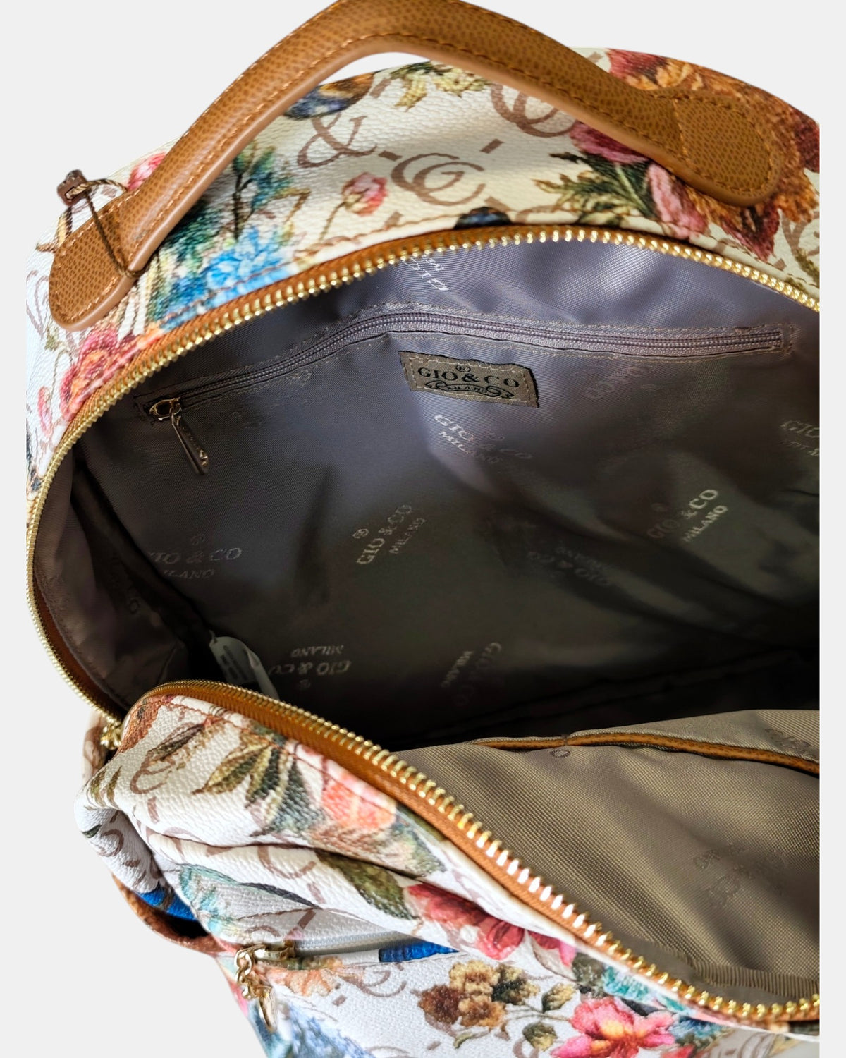 Gio & Co Milano Zaino da Donna con Fantasia Floreale e Dettagli Color Cuoio