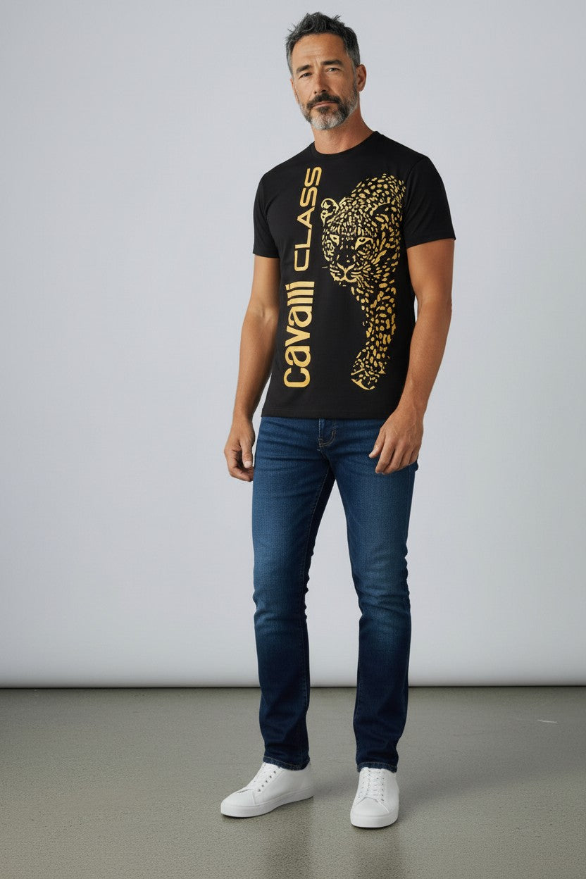 Cavalli Class T-Shirt Uomo stampa verticale Leopardo 100% cotone