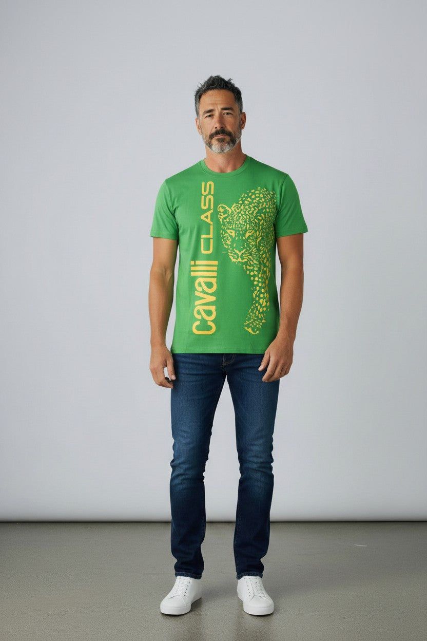 Cavalli Class T-Shirt Uomo stampa verticale Leopardo 100% cotone