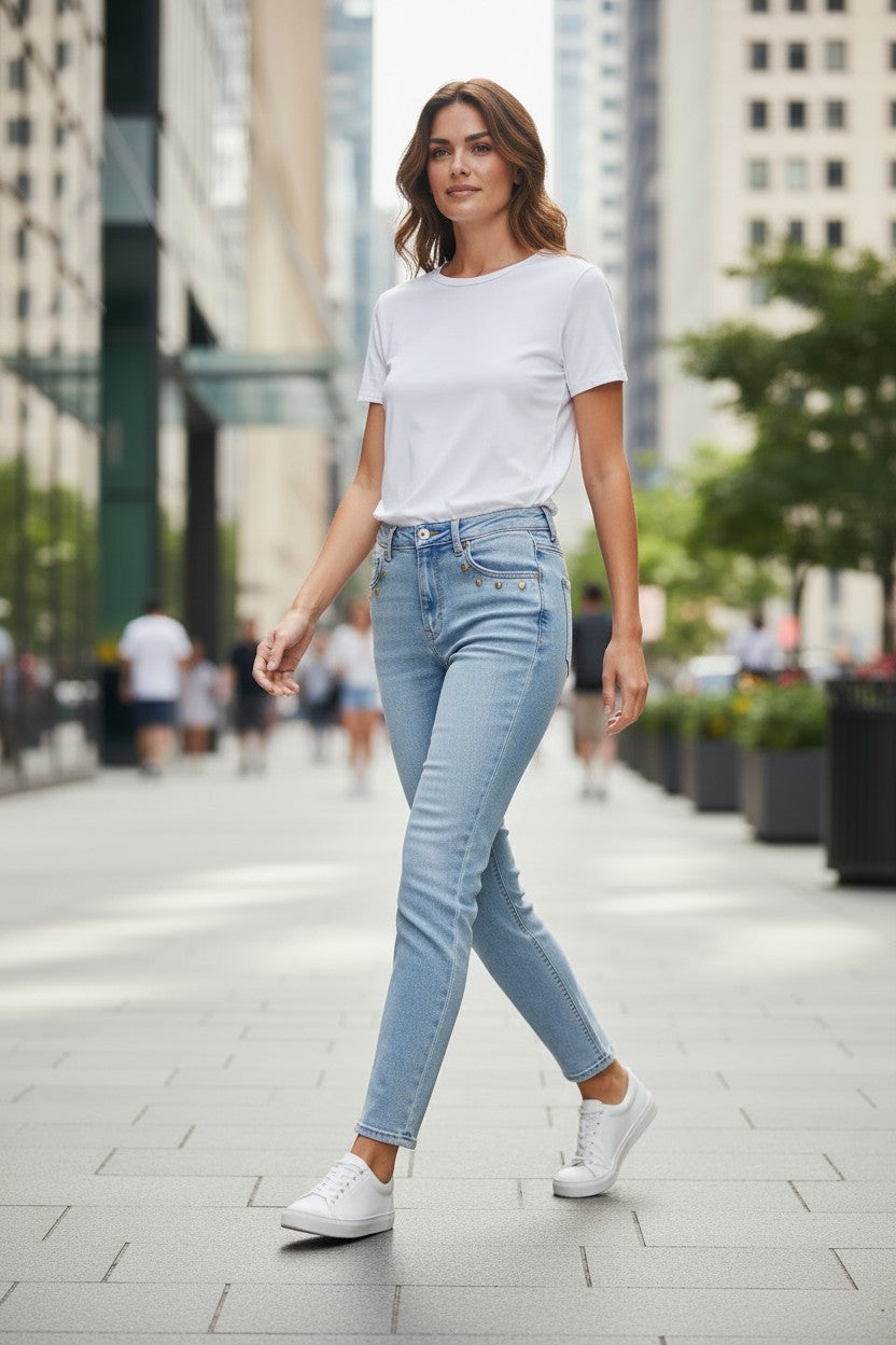 Yes Zee jeans Donna art. P331 / P767 Boyfriend Vita Alta Denim Chiaro con Borchie