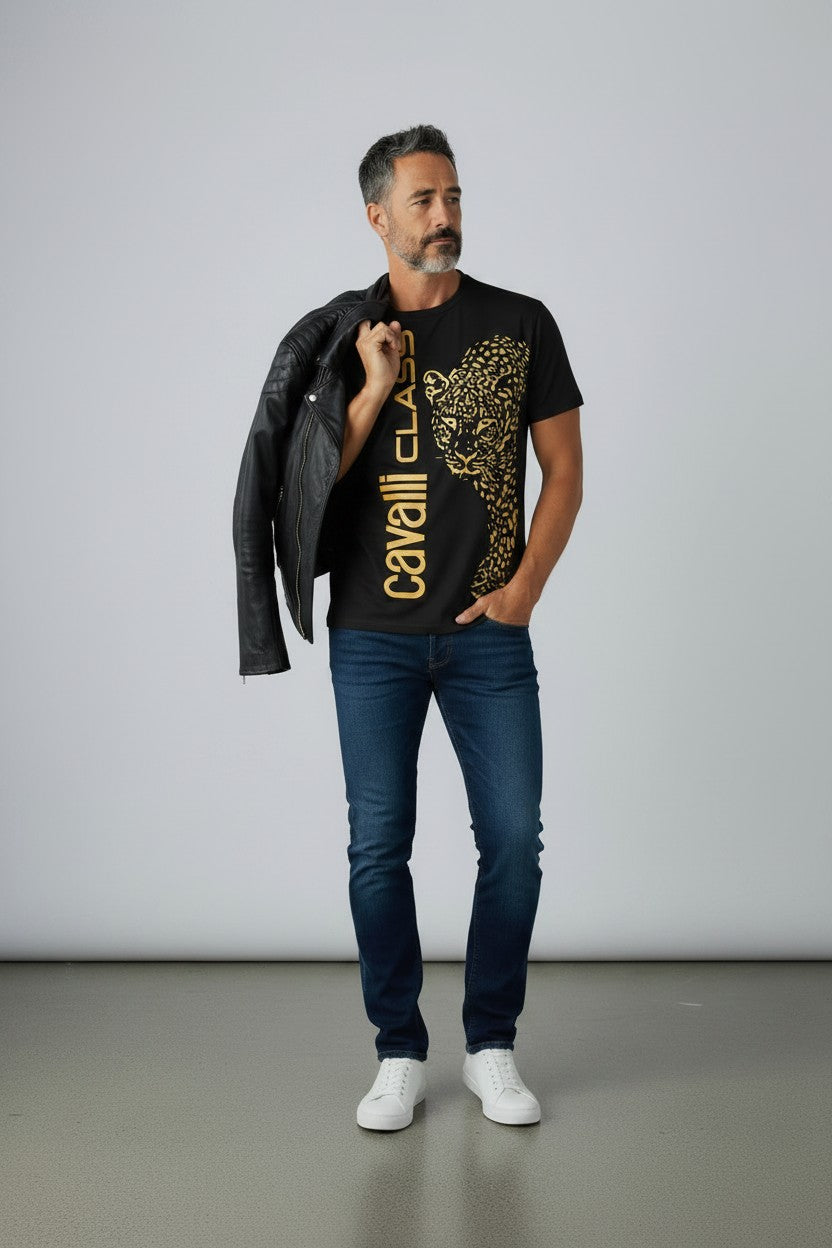 Cavalli Class T-Shirt Uomo stampa verticale Leopardo 100% cotone
