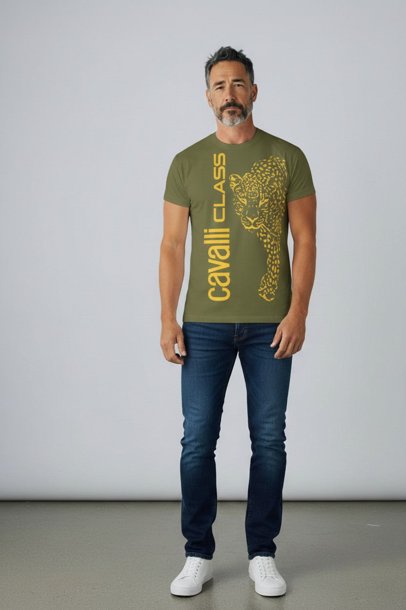 Cavalli Class T-Shirt Uomo stampa verticale Leopardo 100% cotone
