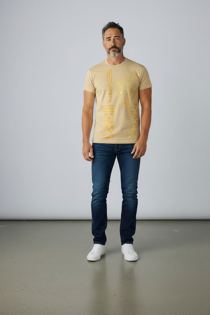 Cavalli Class T-Shirt Uomo stampa verticale Leopardo 100% cotone