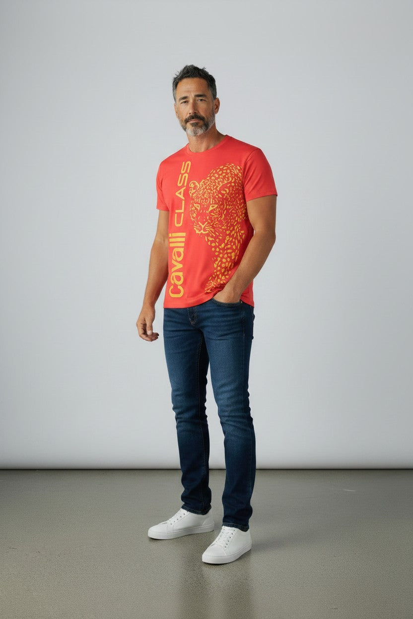 Cavalli Class T-Shirt Uomo stampa verticale Leopardo 100% cotone