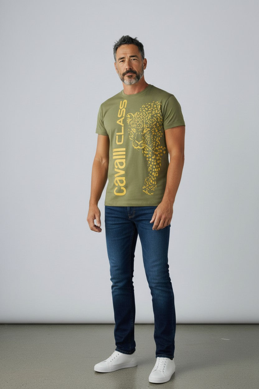 Cavalli Class T-Shirt Uomo stampa verticale Leopardo 100% cotone