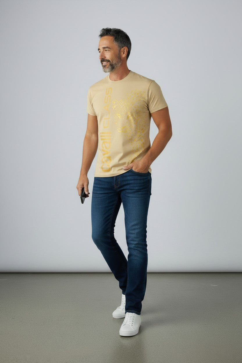 Cavalli Class T-Shirt Uomo stampa verticale Leopardo 100% cotone