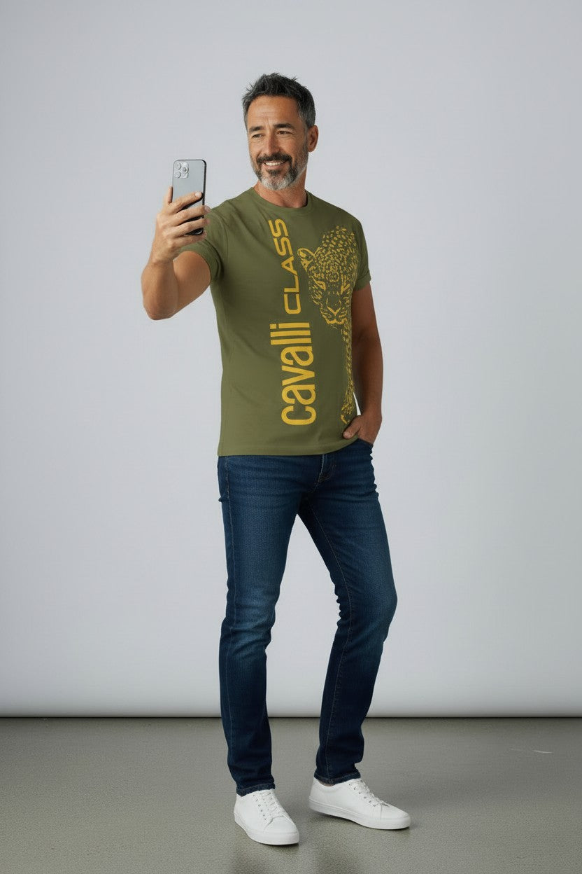 Cavalli Class T-Shirt Uomo stampa verticale Leopardo 100% cotone