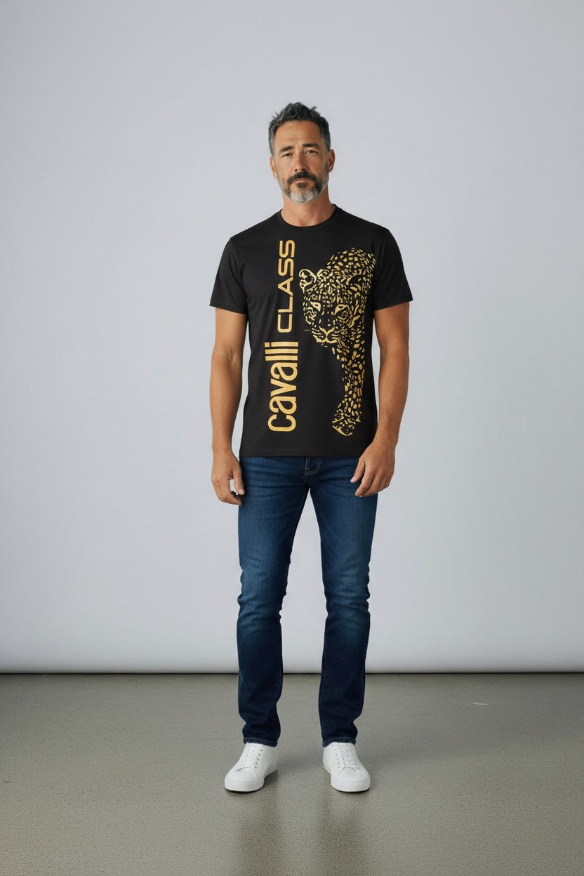 Cavalli Class T-Shirt Uomo stampa verticale Leopardo 100% cotone