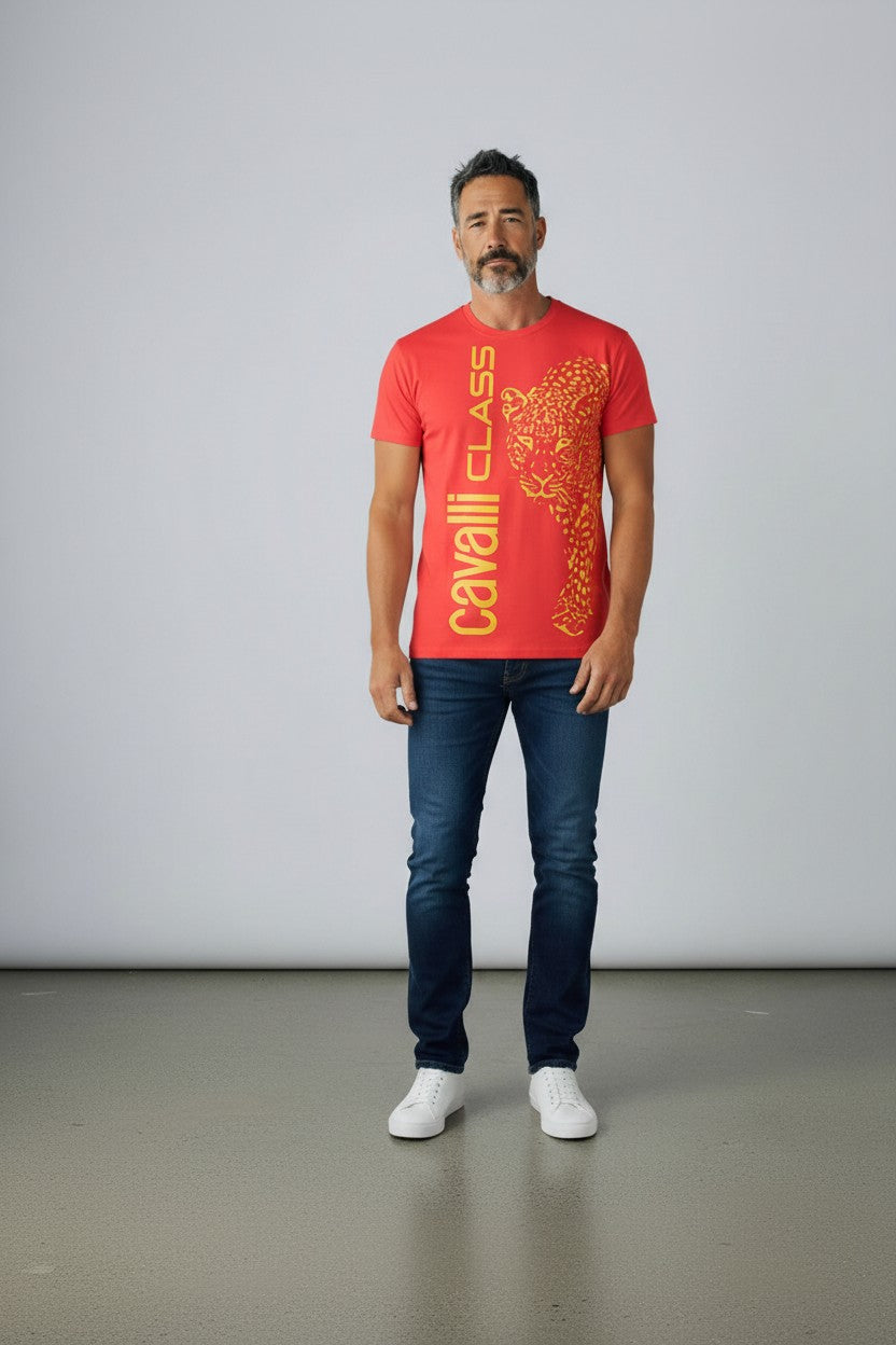 Cavalli Class T-Shirt Uomo stampa verticale Leopardo 100% cotone