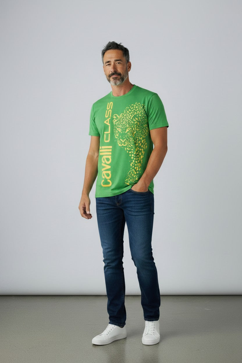 Cavalli Class T-Shirt Uomo stampa verticale Leopardo 100% cotone