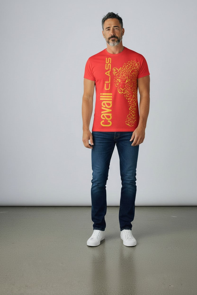 Cavalli Class T-Shirt Uomo stampa verticale Leopardo 100% cotone