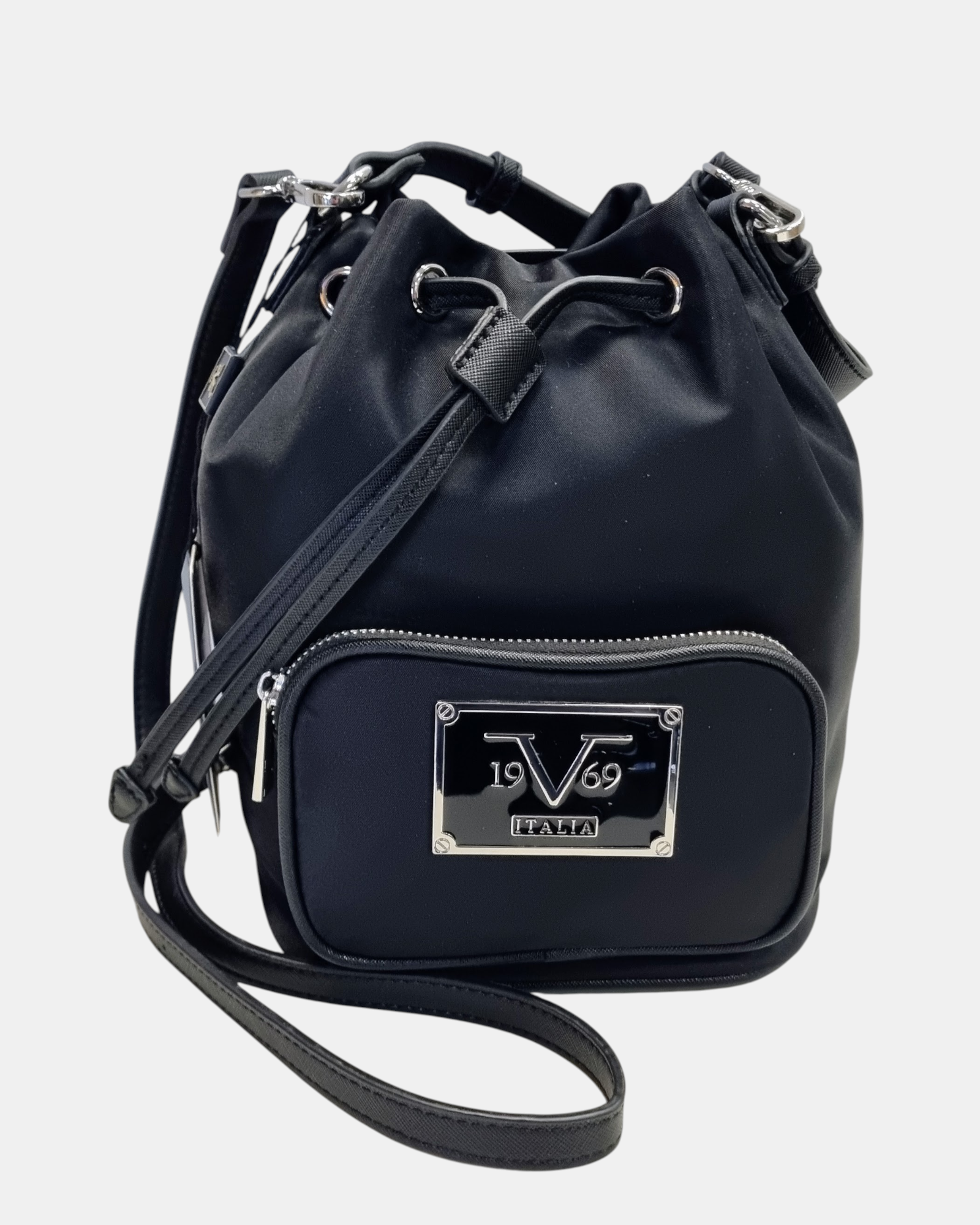 19V69 Italia by Versace Borsa Secchiello Donna Nera in Nylon Idrorepellente con Tracolla Removibile